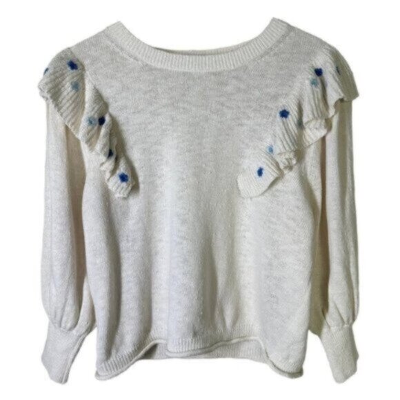 Something Navy | Cream & Embroidered Blue Flower Ruffle Crewneck Sweater Size M - Picture 1 of 6